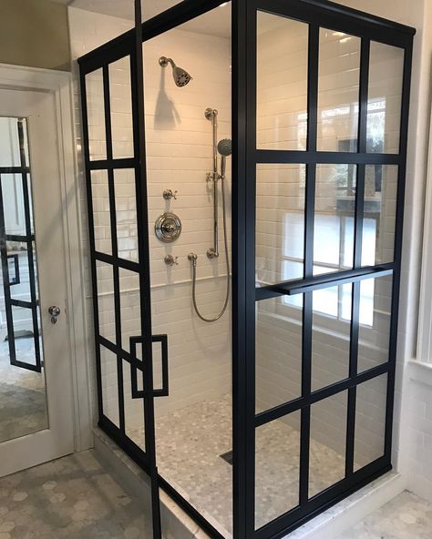 Gridscape Installed by- Majestic Glass And Mirrors Llc (@majesticglass) on Instagram: “#gridscape #coastalshowers #wearethebest #majesticglass” Gridscape Shower Door, Houses Bathroom, Bathroom Tub Remodel, Shower Makeover, Black Tile Bathrooms, Black Shower Doors, Primary Bath, Wall Panels Bedroom, Cottage Bathroom