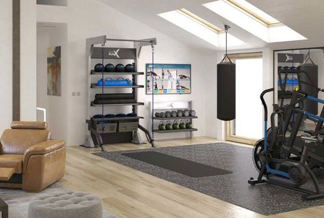 Treadmill In Living Room Ideas, Basement Gym And Family Room, Bedroom Gym Ideas, Basement Storage Room, Storage Room Ideas, Living Room Gym, Small Home Gym, Luxury Gym, Wellness Room