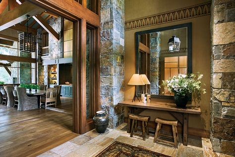 Set in Stone - Mountain Living Contemporary Craftsman Interior, Rh Furniture, Rocky Mountain Hardware, Home Entryway, Craftsman Interior, Wood Light Fixture, Contemporary Craftsman, Wood River, Craftsman Home