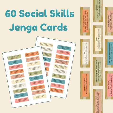 JENGA SOCIAL SKILLS SITUATION CARDS These Jenga Social Skills Situation Cards are a great way to explore how children respond to different social situations.  They're a fun way to start meaningful conversations and support social and emotional development through play.  This play therapy resource is super versatile! It creates opportunities to speak with clients and children about life's challenges and explore their individuality. They're also a super fun and easy way to build rapport and strengthen relationships! Jenga Conversation Starter Cards are compatible for Avery 5161 template. PLEASE NOTE that as the size of the label is larger than the size of a Jenga block that you will need to trim the labels after printing.  * INSTANT DIGITAL DOWNLOAD * THIS IS A DIGITAL DOWNLOAD PRODUCT, WHIC Jenga Questions, Family Conversation Cards, Social And Emotional Development, Family Conversation, Social Psychology, Conversation Cards, Table Talk, Ice Breaker, Play Therapy