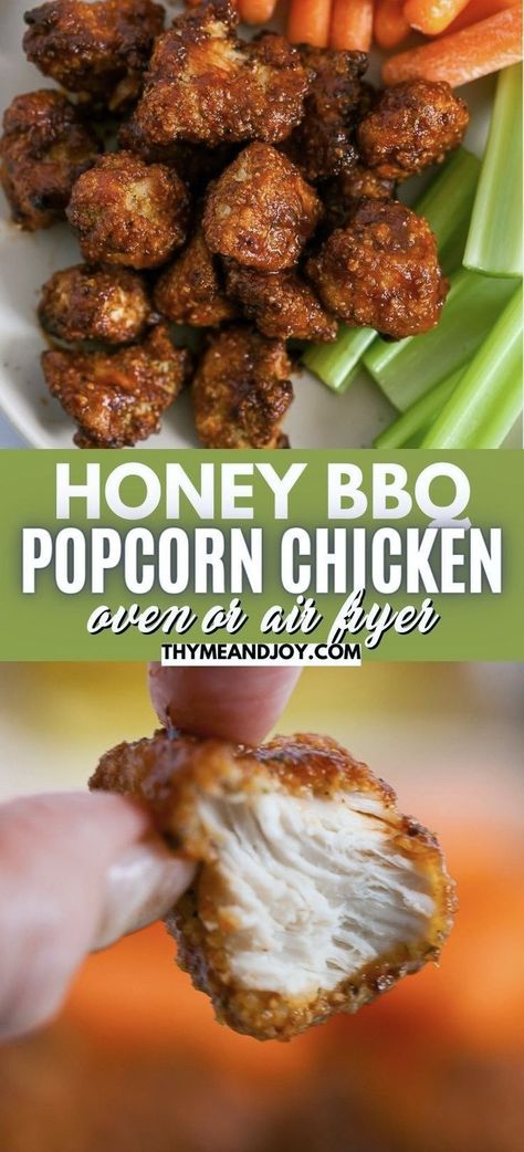 Skip Sonic, KFC, or even Applebee's and make your own honey BBQ popcorn chicken right at home! Tender pieces of chicken breast are coated in breadcrumbs and baked in the oven or air fried before tossing with your favorite honey barbeque sauce for a sweet and tangy way to enjoy a snack, appetizer, or a quick and easy main course paired with your favorite side dishes! Gluten free and keto options included! Baked Honey Bbq Chicken Bites, Barbeque Chicken Crockpot, Boyfriend Recipes, Honey Bbq Chicken Bites, Chicken Bites Oven, Oven Baked Bbq Chicken Breast, Honey Barbeque Chicken, Oven Bbq Chicken Breast, Side Dishes Gluten Free