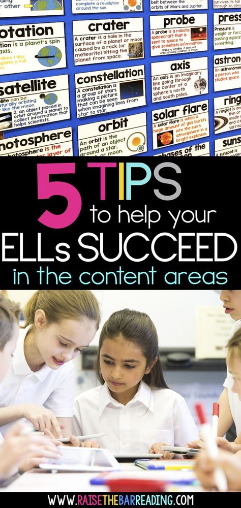 Struggling to make content area instruction accessible to your ELLs? Here are five tips to help your beginning ELLs be successful in your content area or ESL classroom. Includes activities for building beginning vocabulary in your ELL newcomers, building academic vocabulary, using visuals, and more! Esol Teacher, Teaching Third Grade Reading, Ell Strategies, Ell Activities, Ell Resources, Ell Newcomers, Teacher Tricks, Eld Ideas, Esl Teaching Resources