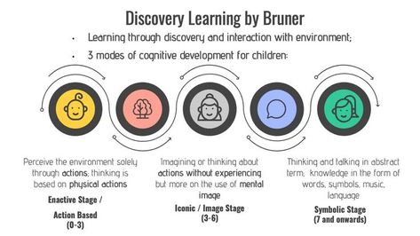 Jerome Bruner kicked off the theory of dicsovery learning in the 1960s. Bruner's philosophy is center around "practice in discovering for oneself teaches one to acquire information in a way that makes that information more readily viable in problem solving". Learning is better taught by doing; also known as hands on learning. Jerome Bruner Theory, Jerome Bruner, Education Psychology, Educational Theories, Developmental Psychology, Cognitive Development, Hands On Learning, Infographic Templates, The 1960s