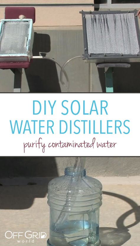 DIY solar water distillers purify contaminated water Solar Still Water Purification, Diy Water Distiller, Diy Water Purification System, Water Purification Diy, Solar Water Distiller, Solar Still, Off Grid Ideas, Water Distiller, Water Survival