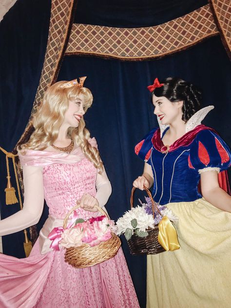 Princess Aurora and Snow White, Walt Disney World Face Characters, Sleeping Beauty Snow White And Aurora, Snow White Disneyland, Real Disney Princesses, Princess Ideas, Sleeping Beauty Costume, Disneyland Characters, Princess Parties, Snow White Costume, Princess Parking