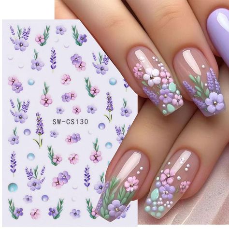 PRICES MAY VARY. 【Quantity】You will get 8 sheets lavender nail art adhesive stickers, each paper measure 3.5 x 2.6 inches(9 x 6.5 cm). A variety of purple floral patterns, these nail stickers are perfect for matching other nail art. 【Self-Adhesive Design】3D flowers self-adhesive nail art design is simple and quick to use, nail decals work great on bare nails, they will stay on for a long time and will not peel off your nails, enjoy the feeling of nail art. 【Quality】Colorfu Flowers nail decals ar Pink Nail Art Designs, Simple Spring Nails, Nail Art 3d, Green Nail Designs, Floral Nail Designs, Butterfly Nail Art, Nail Art Stickers Decals, Manicure Diy, Flower Nail Designs