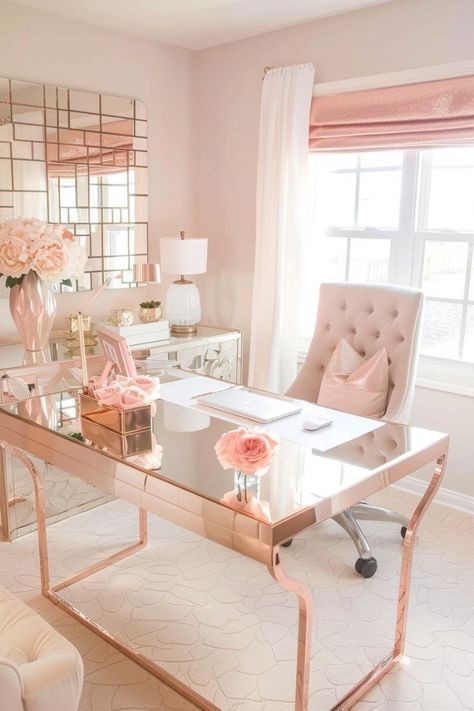 Feminine Home Office White Desk, Office Ideas For Work Business Decor, Feminine Home Office Classy, Pretty Office Space, Womens Home Office Ideas, Womens Home Office, Glam Office Decor, Desk Station, Pink Office Decor