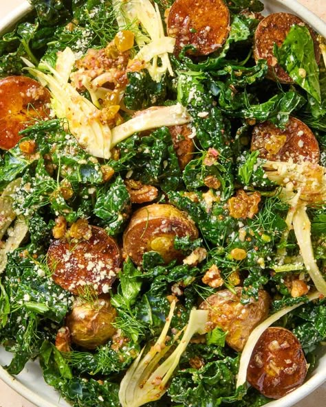 overhead shot of the kale and crispy roasted potato salad, mixed and dressed Little Potatoes Recipe, Salad With Potatoes, Kale Salad Dressing, Egg Salads, Roasted Potato Salad, Shallot Vinaigrette, Fall Eats, Dressings Recipes, Crispy Roasted Potatoes