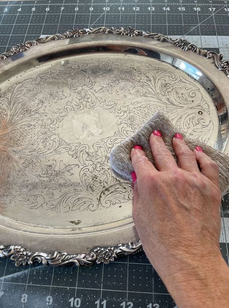 Decorating Silver Trays, Silver Tray Crafts, How To Display Silver Tea Service, Antique Silver Tray Decor Ideas, Painting Silver Trays With Chalk Paint, Silver Plated Tea Set Repurpose, Silver Platter Centerpiece, Paint Silver Plated Tray, Decoupage Silver Trays