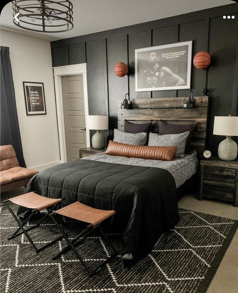 Boys Bedroom Brick Accent Wall, Tilted Walls Bedroom, Mens Room Ideas Small Spaces, Boy Teen Room Ideas, Boys Bedroom Accent Wall, Gray And Black Bedroom Ideas, Teen Boys Room Ideas, Boy Teen Bedroom, Preteen Boys Bedroom Ideas