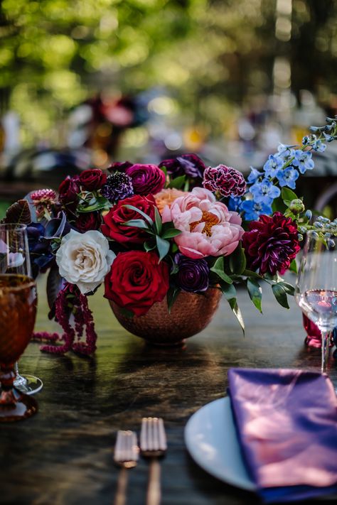 Lush jewel toned wedding centerpiece features peonies, roses, dahlias, and more for a Houdini Estate wedding reception by Winston and Main. Moody Jewel Tone Wedding Decor, Jewel Tone Vintage Wedding, Family Photos Jewel Tones, Jewel Tone Wedding Flowers Centerpieces, Jewel Toned Bouquet, Jewel Tone Flowers Wedding, Jewel Tone Floral Arrangements, Wedding Flowers Jewel Tones, Cheap Wedding Flower Ideas