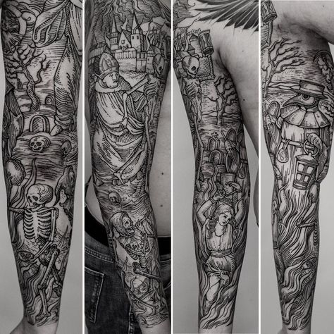 Mens Leg Sleeve Ideas, Woodcut Sleeve Tattoo, Gothic Cathedral Tattoo Sleeve, Etched Tattoo Style, Futuristic Tattoo Design, Male Half Sleeve Tattoo Ideas, Unique Sleeve Tattoos Men, Engraving Tattoo Sleeve, Cryptid Tattoo Sleeve