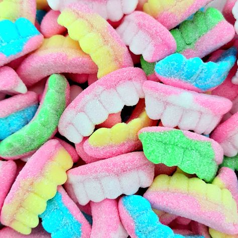 🌈 Fizzy Rainbow Teeth 🌈 We don't have a lolly like it!! It has a foamy texture and is coated in a fizzy sugar! All our sugar-coated lollies are gummies undernea👉th and none of our foams are sugar-coated! You'll find them in our Fondants & Foam section Rainbow Candy, 90s Childhood, Candy Shop, Back In Stock, Perfect Body, Fondant, Candy, Rainbow, Texture