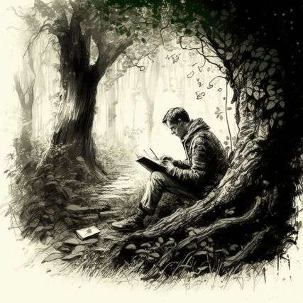 Tree Person Drawing, Person Sitting Under Tree, Person Sitting Under Tree Drawing, Two People Sitting Under A Tree Drawing, Person In Forest Drawing, Looking Up At Trees Drawing, Man Hanging From Tree Drawing, Man Sitting Under Tree, Cozy Painting