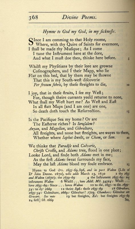 "Hymn to God my God in my Sickness" by John Donne Literature Collage, Full Bookshelf, British Poetry, English Essay, Catholic Family, John Donne, Essay Examples, Arte Sketchbook, Roman Catholic