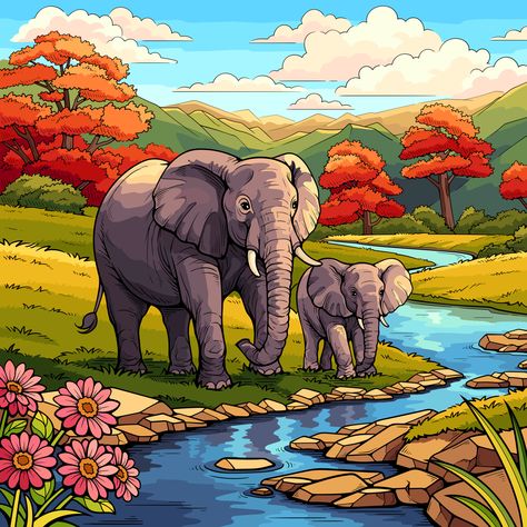 Line Drawing Painting, Jungle Drawing, Elephant Clip Art, Nature Canvas Painting, Colour Pictures, Reverse Painting, Prismacolor Art, Poster Nature, Illustration Art Kids