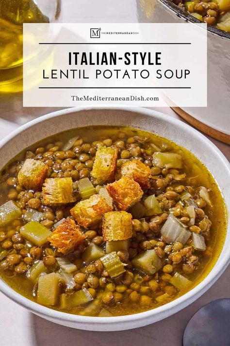 It's Soup Season! This lentil potato soup recipe combines rich garlicky flavor with heart-healthy lentils and Italian-style seasonings. Easily vegan and gluten free yet very satisfying! Lentil Pasta Soup, Lentil And Potato Soup, Lentil Soup Recipe Easy, Lentil Soup Recipe Healthy, Greek Lentil Soup, Lentil Potato, Lentil Potato Soup, French Green Lentils, Lenten Recipes