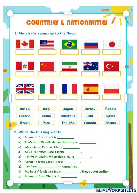 Countries And Languages, Countries Nationalities And Languages, Countries Activities For Kids, Nationality Worksheet, Country And Nationality, Countries And Nationalities Worksheet, Country Worksheet, Country Activities, Reading Comprehension For Kids