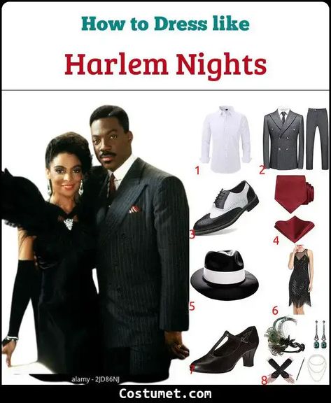 Harlem Nights Costume for Cosplay & Halloween 2023 Harlem Nights Attire Men, Harlem Nights Men Outfits, Harlem Nights Outfits Black Women, Harlem Nights Theme Party Fashion Outfit, Harlem Nights Theme Party Outfit, Gatsby Party Outfit For Men, Harlem Nights Costumes, Harlem Nights Attire, Black And White Oxford Shoes