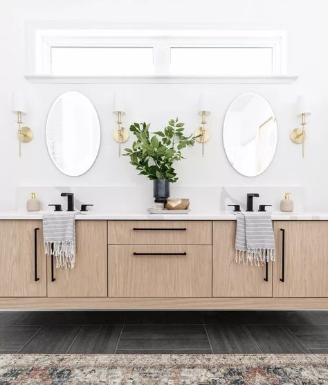 24 Double Vanity Ideas to Try in Your Bathroom Master Bathrooms Luxury Double Vanity, Double Sink Master Bath Vanity, Bathroom Mirrors And Lights Double Sinks Master Bath Vanity, Double Sink Bathroom Remodel, Double Vanity Decor, Towel Ring Placement Bathroom, Two Sink Vanity Ideas, Double Sink Ideas, Double Vanity Design