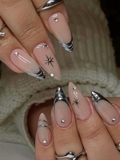 Christmas Gel X Nails Almond, Almond Nails New Years Eve, Almond Classy Nails Designs, Nye Nails Stiletto, Trendy Nails With Gems, Almond Nails Designs With Charms, Silver Almond Acrylic Nails, Nail Inspo Trendy 2024 Spring Almond, Minimal Almond Nails