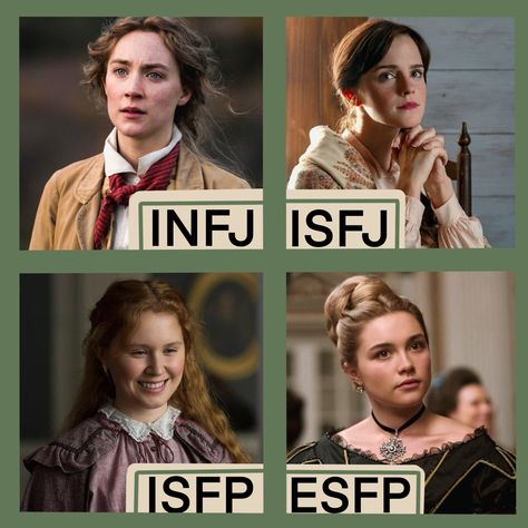 #littlewomen #jomarch #amymarch #megmarch #bethmarch #emmawatason #louisamayalcott #personality #myersbriggs #myersbriggstest #infj #isfj #isfp #esfp #littlewomen2019 Infj Movie Characters, Isfp Characters In Movies, Isfj Style, Isfj Aesthetic Vibe, Infj Characters In Movies, Isfj Female, Esfp Characters, Isfj Characters, Infj Esfp