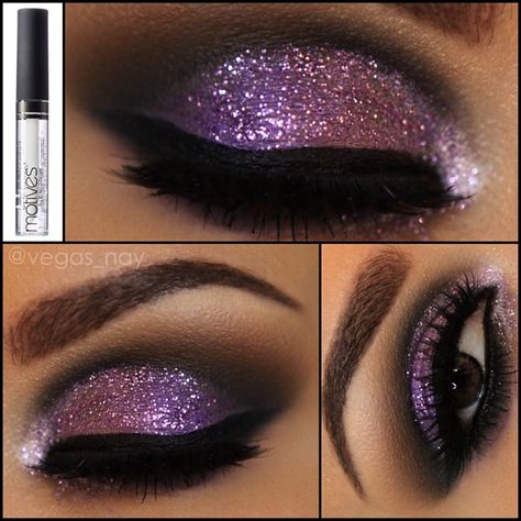 Here's my secret weapon to applying lose glitter on eyes👀💎💜✨ it's @motivescosmetics glitter adhesive which doesn't flake or fall. The video of this look is 4 postings before this one! I'll also write out steps but this was the most asked question to what I use when applying the lose glitter✨ p.s. I feel it works better than glue, since I occasionally experience fall out when using a glue adhesive oppose to a gel :) #vegas_nay #makeup #glittereyes #motivescosmetics Make Up Designs, Wedding Makeup For Brown Eyes, Black Smokey Eye, Purple Eye Makeup, Glitter Eye Makeup, Purple Makeup, Beauty Make-up, Eye Makeup Designs, Trendy Makeup