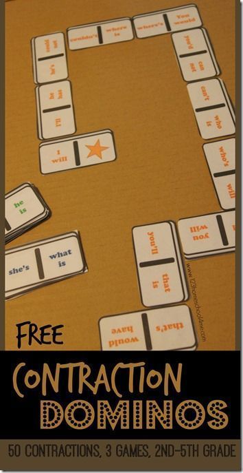 FREE Contraction Dominos Educational Game for 2nd grade, 3rd grade, 4th grade, 5th grade. This is such a fun, hands on learning game for learning contractions. Perfect for centers, homeschool, after school, and summer learning. Contraction Games, Contractions Activities, Ela Games, Dominoes Game, Grammar Games, 4th Grade Writing, 4th Grade Ela, Literacy Games, 2nd Grade Ela