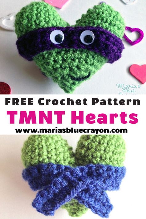 Crochet these amigurumi teenage mutant ninja turtle hearts with the free pattern from Maria's Blue Crayon blog. #amigurumi #crochet #heart Crochet Turtles, 2024 Crochet, Crochet Characters, Crochet Valentine Patterns, Pocket Hugs, Blue Crayon, Amigurumi Rabbit, Crochet Hearts, Design Crochet