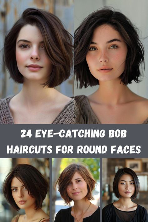 Bob haircuts are timeless and versatile, but not all are created equal when it comes to flattering round faces. These 24 eye-catching bob haircuts are specifically chosen to add dimension and angles, helping elongate the face and draw attention to your best features. Whether you're into a sharp, straight bob or prefer soft, tousled waves Soft Aline Bob, Shoulder Haircut For Round Faces, Short Hair For Round Face With Bangs, Round Face Chin Length Hair, Short Hair On Round Faces, Bob For Round Face Short, Side Swept Bob Round Face, A Line Bob Round Face, Bobs For Oval Faces