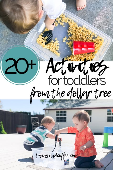 20+ Activities for Toddlers from the Dollar Tree for $20 - Twins and Coffee. Huge list of cheap or free activities with no prep for toddlers and one year olds. Homemade Toddler Activities, Outside Activities For One Year Olds, Diy One Year Old Activities, Arts And Crafts For One Year Olds, Activities To Do With One Year Olds, Activities For One Year Olds Indoor, Toddler Activities 1 Year, Cheap Toddler Activities, Outdoor Activities For 15 Month Old