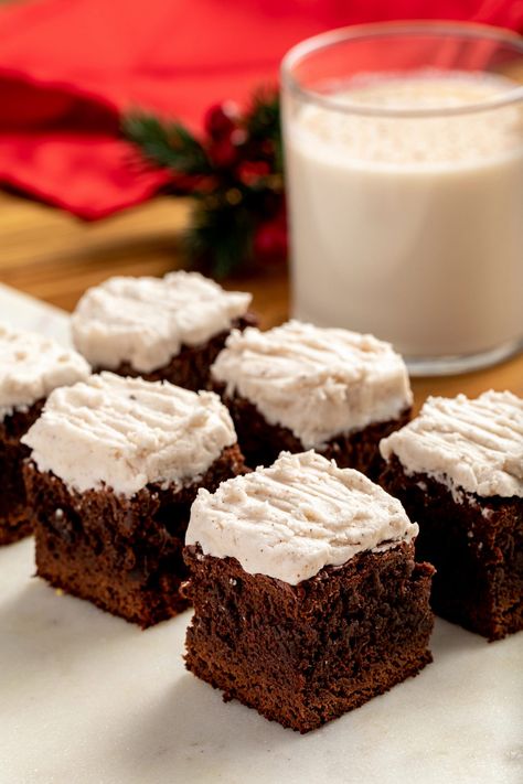 Holiday Dessert Ideas, Gingerbread Brownies, Eggnog Frosting, Best Ever Brownies, Brownie Mix Recipes, Easiest Dessert, 8x8 Pan, Homemade Brownies, Holiday Dessert