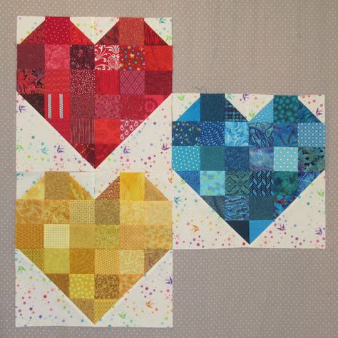 Julie's Quilts and Costumes: Scrappy Yellow Hearts Hearts And Gizzards Quilt Pattern, Scrappy Heart Quilt Pattern, Rainbow Heart Quilt Pattern, Yellow Heart-shaped Jewelry, Purple And Yellow Quilt, Yellow Hearts, Heart Blocks, Yellow Heart, Quilt Block Tutorial