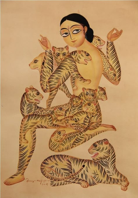 Contemporary art exhibited at Sanskriti Museum, New Delhi, India. Artist Kalam Patua. Tiger Illustration, Tiger Art, Indian Paintings, Arte Inspo, Art And Illustration, Hindu Art, India Art, New Delhi, Art Plastique