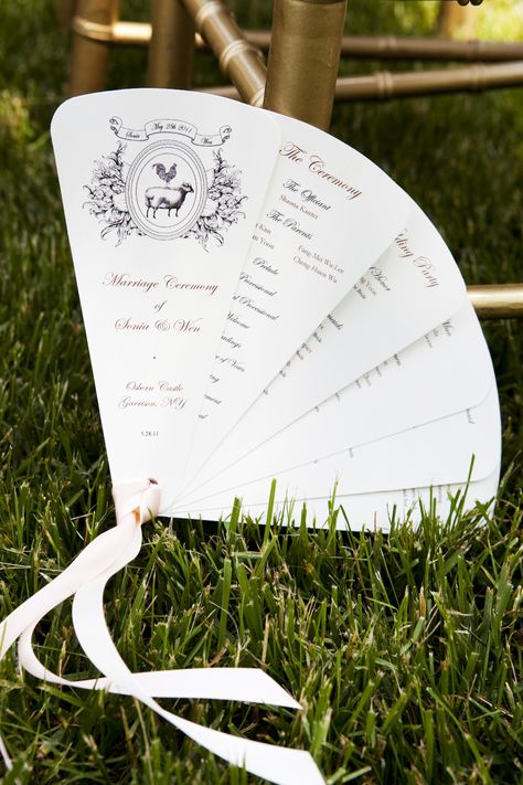 Your ceremony programs are just another chance for you to incorporate your event's theme or location into your big-day paper goods. Farm animals graced every bit of paper—right down to these fold out fans!—at this barn celebration. Asian Fusion Wedding, Program Fans, Wedding Program Fans, Wedding Ceremony Programs, Wedding Fans, Floral Event Design, Ceremony Programs, Program Ideas, Wedding Souvenirs