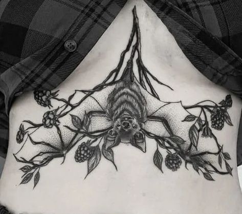 Bat On Stomach Tattoo, Beautiful Gothic Tattoos, Bat Tattoo Skeleton, Gothic Tattoo Ideas Beautiful, Bat Torso Tattoo, Back Tattoo Women Goth, Detailed Bat Tattoo, Spooky Underbust Tattoo, Upside Down Bat Tattoo Sternum