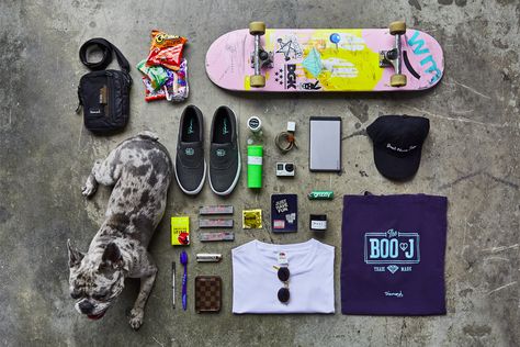 Skate Bag Essentials, Hypebeast Essentials, Boo Johnson, Skateboard Bag, Things Organized Neatly, Trademark Design, Inside My Bag, Diamond Supply Co, Skate Wear