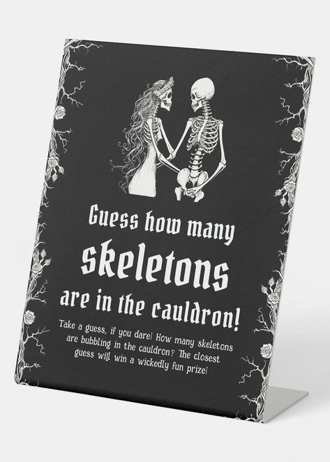 Gothic Halloween Guess How Many Skeletons Game, Black Vintage Skeleton Bridal Shower Games, Spooky Vintage Skeleton Bridal Shower Wedding Decor, Black Vintage Skeleton Bridal Shower Games, black and white halloween skeleton bridal shower game, vintage how old was the bride , bride or die, till death do us part gothic elegant floral skull dark moody Halloween Bridal Showers, Skeleton Love, Skeleton Couple, Couples Bridal Shower, White Bridal Shower, Vintage Skeleton, Halloween Festivities, Fall Bridal Shower, Game Black