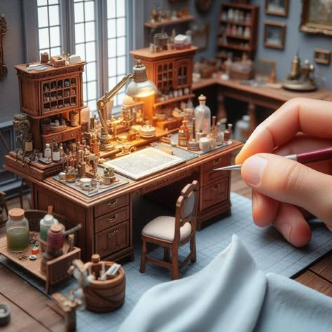 miniature classic cluttered desk Diy Dollhouse Miniatures Projects, Craft Miniature, Gunpla Diorama, Diy Miniature House, Miniature Making, Room Box Miniatures, Miniature Desk, Dollhouse Tutorials, Miniature Diorama