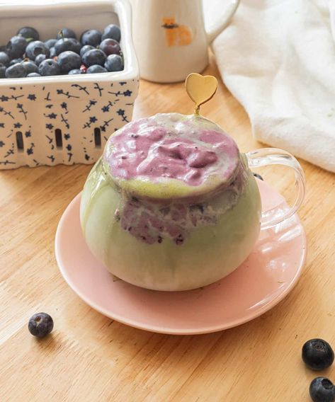 Iced Blueberry Matcha Latte Blueberry Matcha Latte, Strawberry Whipped Cream Frosting, Blueberry Matcha, Matcha Latte Recipe, Stabilized Whipped Cream, Strawberry Whipped Cream, Ceremonial Matcha, Blueberry Coffee, Canned Frosting