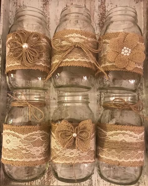 Decor Jars, Boho Bridal Shower Decorations, Burlap Centerpieces, Mason Jar Wedding Decor, Bridal Shower Centerpiece, Wedding Centerpieces Rustic, Lace Mason Jars, Wedding Jars, Wedding Centerpieces Mason Jars