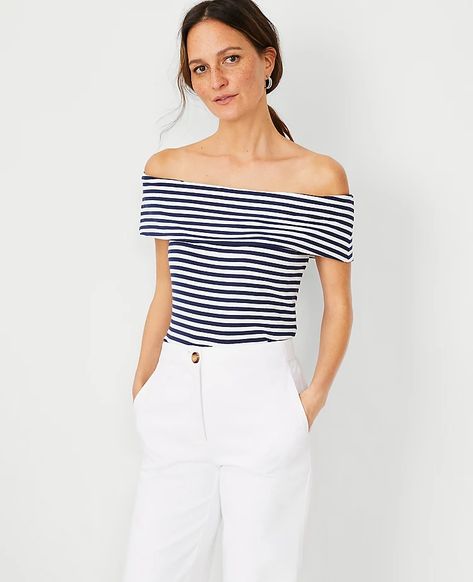 Striped Off The Shoulder Top | Ann Taylor Summer Knitwear, Off Shoulder T Shirt, Turtleneck Outfit, Short Sleeve Shirts, Off The Shoulder Top, Off Shoulder Tops, Effortless Style, Casual Tops, Ann Taylor