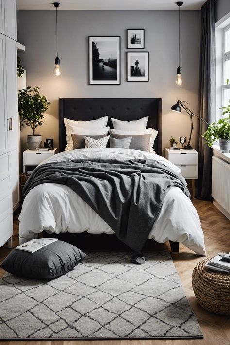 Sloped Ceiling Bedroom Ideas, Bedroom Decor Minimalist, Ikea Inspired Bedroom, Monochrome Bedroom, Decor Ideas Bedroom, Bedroom Upgrade, Inspired Bedroom, Ikea Bedroom, Home Decor Ideas Living Room