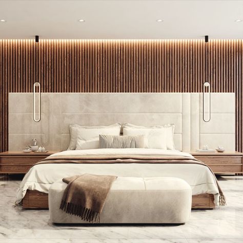 Bedroom 3D visualization with dark wood planked wall behind the bed. Wood Wall Behind Bed, Wall Behind Bed, Wood Plank Walls, Plank Walls, 3d Visualization, Wood Planks, Dark Wood, Wood Wall, Bedroom