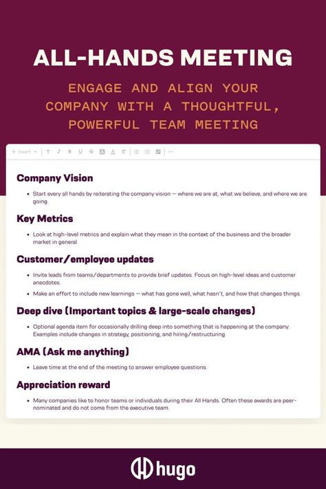 Meeting Ideas Business Fun, Meeting Topics Work, Company Meeting Ideas, Monthly Team Meeting, Staff Meeting Agenda Template, Work Meeting Ideas, 1 On 1 Meeting Template, Weekly Team Meeting, All Hands Meeting