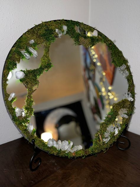 20 inch Mirror with display stand also has the option for hanging Fairy Mirror Ideas, Mirror Moss Art, Moss Display Ideas, Moss Mushroom Mirror, Diy Crystal Mirror, Fantasy Mirror Diy, Mirror Crafts Diy Decorating Ideas, Moss Moon Mirror, Moon Mirror Wall Decor