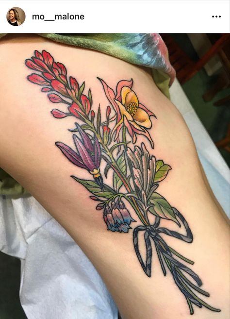 #colorado #flowertattoo #coloradowildflowers #bouquet Colored Bouquet Tattoo, Wyoming Wildflowers Tattoo, Colorado Wildflowers Tattoo, Colorado Tattoo Ideas, Flower Tattoo Bouquet, Nature Sleeve, Wildflowers Tattoo, Colorado Tattoo, 2023 Tattoo