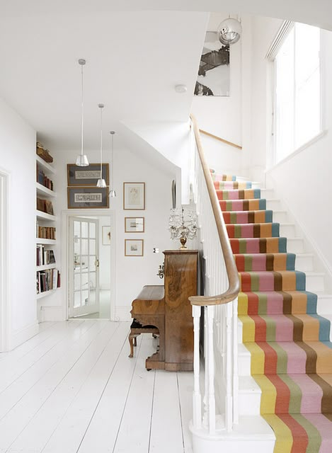 So fun - love how the white walls and floors contrast with the colorful runner! White Painted Floors, Striped Stair Runner, Staircase Runner, Diy Staircase, Escalier Design, Staircase Decor, Stair Case, Painted Stairs, White Floors