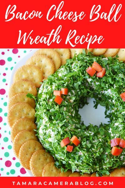 Bacon Cheese Ball Wreath - Tamara Like Camera Cheese Ball Wreath, Holiday Cheese Balls, Christmas Cheeseball, Christmas Cheese Ball, Bacon Cheese Ball, Cheese Ball Dip, Christmas Potluck, Christmas Appetizers Easy, Holiday Cheese