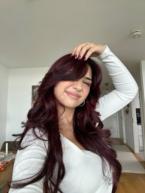 Cherry Hair On Brown Hair, Long Burgundy Hair With Layers, Haircuts For Long Red Hair, Cherry Cola Shades Eq, Sangria Red Hair, Red Hair In The Sun, Cherry Red Cola Hair, Long Cherry Red Hair, Red Hair Gloss On Brown Hair